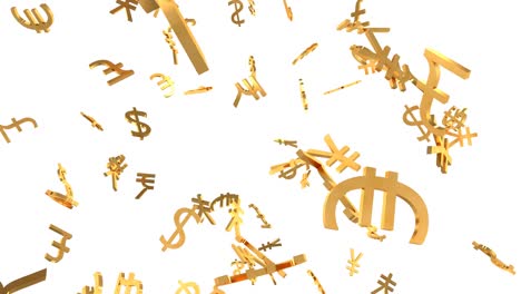 shiny golden world currency signs falling down in slow motion 3d animation - 4k seamless loop motion background animation