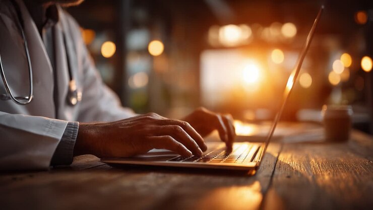 An Experienced Healthcare Professional Engaged in Digital Communication, Utilizing a Laptop at Dusk with Warm Glow from Sunset Visible in the Background