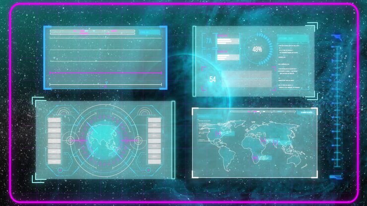 Animation of screens with data processing over globe on dark background