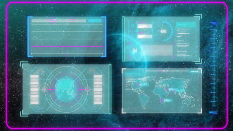 animación de pantallas con procesamiento de datos sobre el globo sobre fondo oscuro