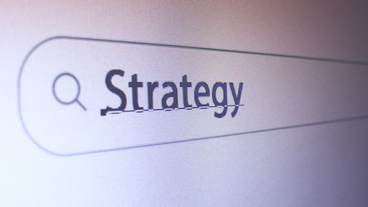 Browser bar with typed Strategy keyword on the computer screen, SEO Concept