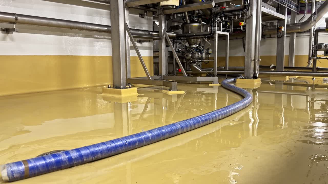 Industrial facility floor with liquid spill, equipment operating, potential leakage