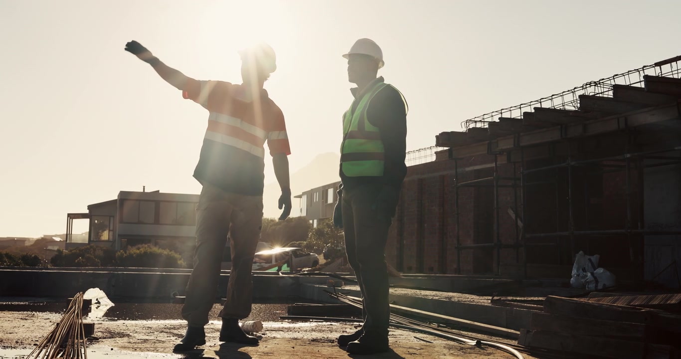 Construction Workers Discussing Project Plans on Building Site at Sunset