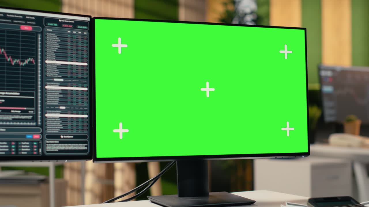 Stock market metrics visualization displayed on green screen PC