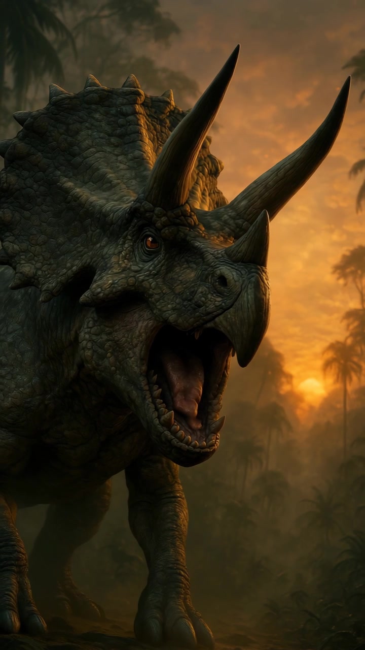 Triceratopo che ruggisce in una giungla preistorica al tramonto