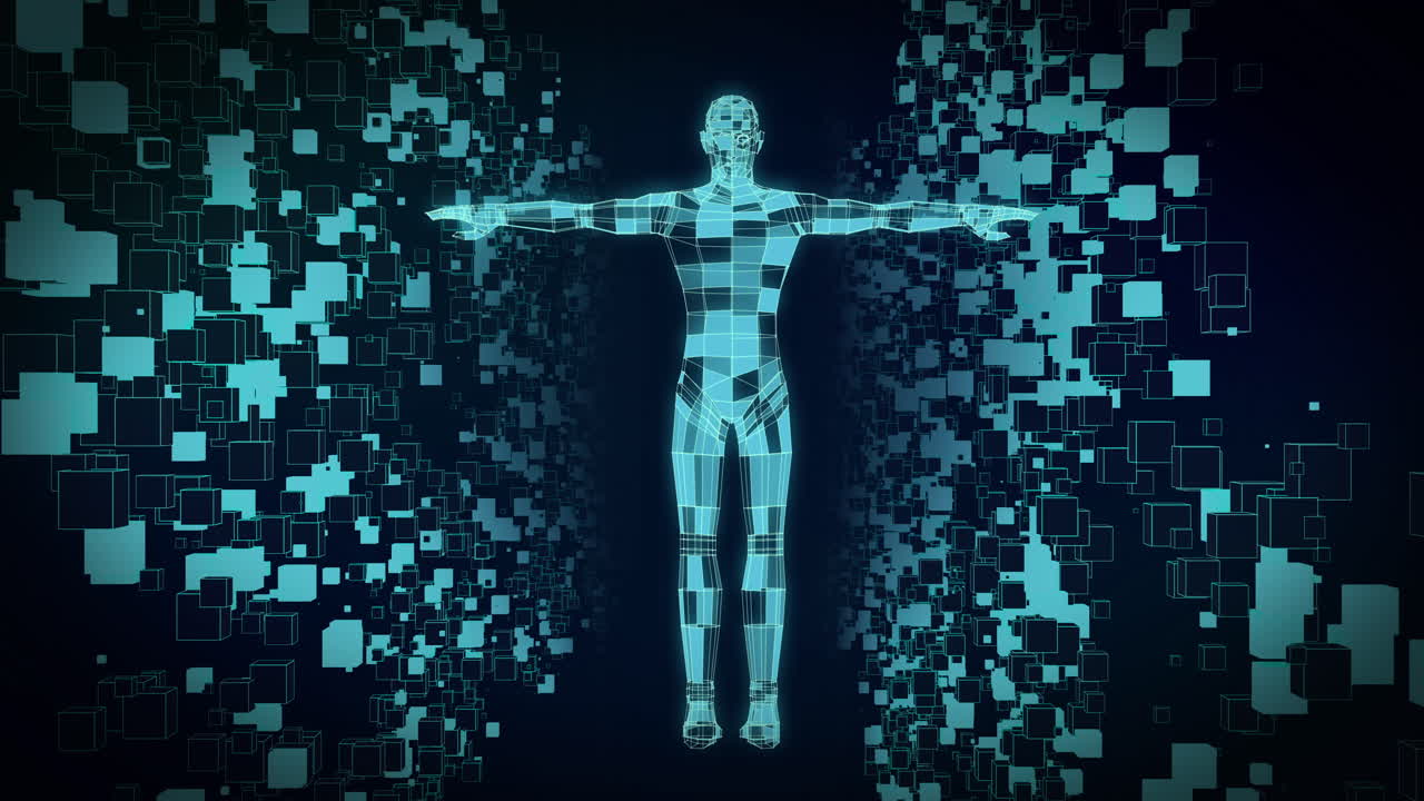 Animation of blue 3d cuboid body shape rotating over moving cubes on dark background