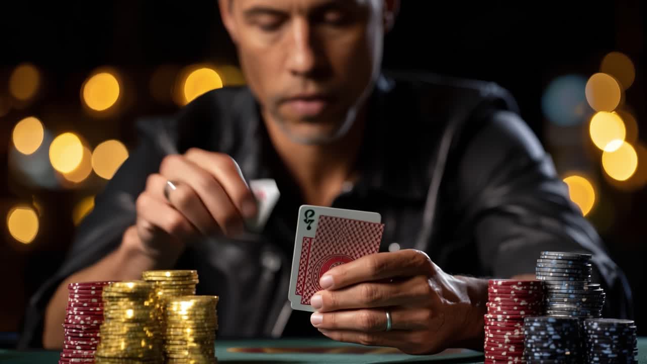 Momento Intenso de Juego de Cartas: Un Jugador Concentrado Analiza su Mano Rodeado de Pilas de Fichas Coloridas Contra un Deslumbrante Fondo de Luces Borrosas.