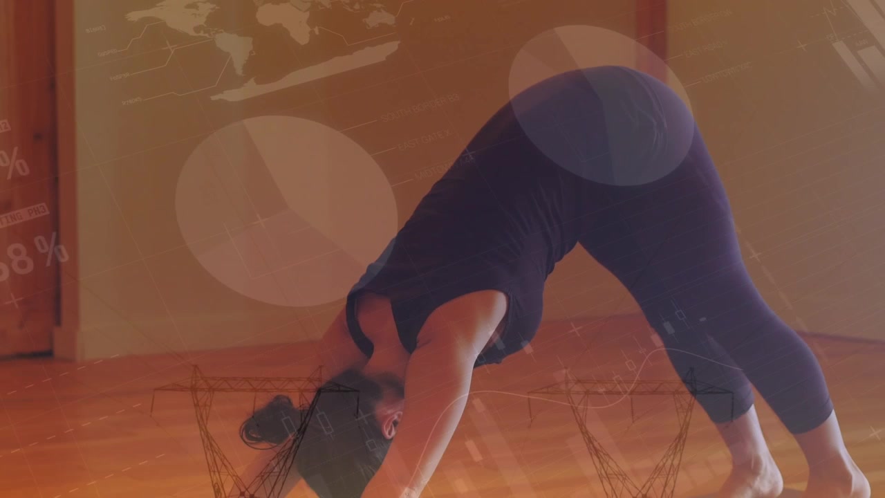 Animation of network of connections over woman running exercising in forest
