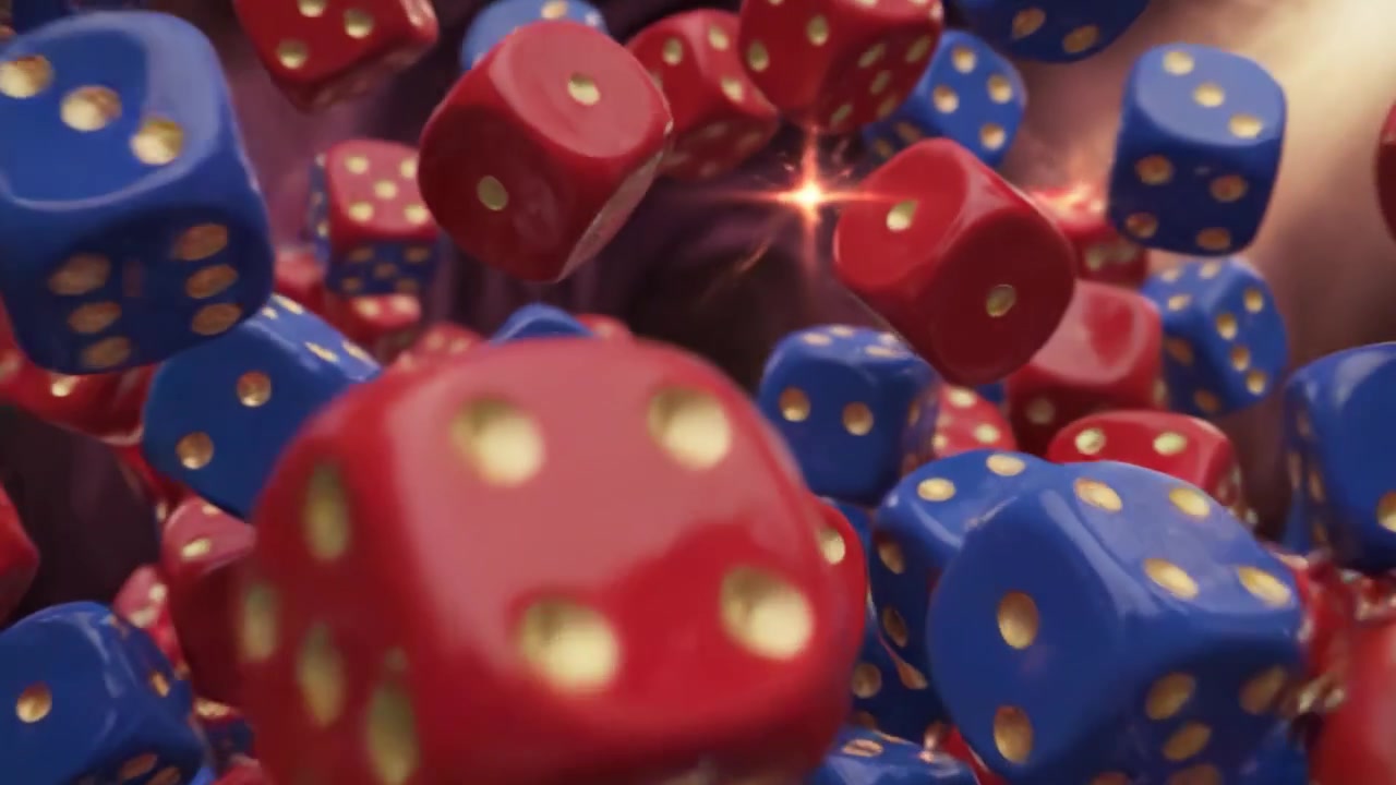 Un'esplosione dinamica di dadi colorati che cadono a cascata in un vivace ambiente da casinò, catturando il brivido del caso e l'eccitazione dei momenti di gioco