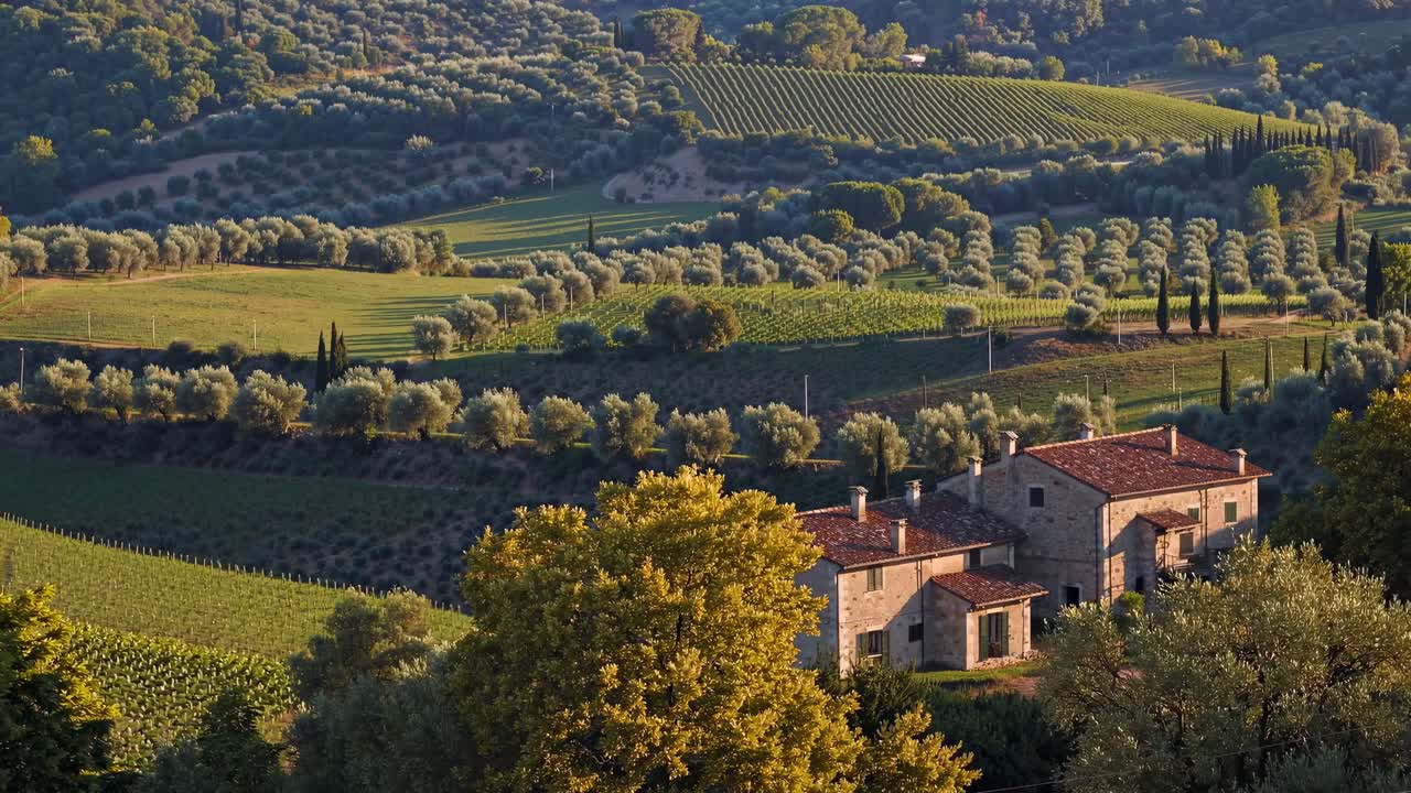 Vista aerea di un casale rustico immerso tra rigogliosi vigneti e uliveti, che cattura l'atmosfera serena.