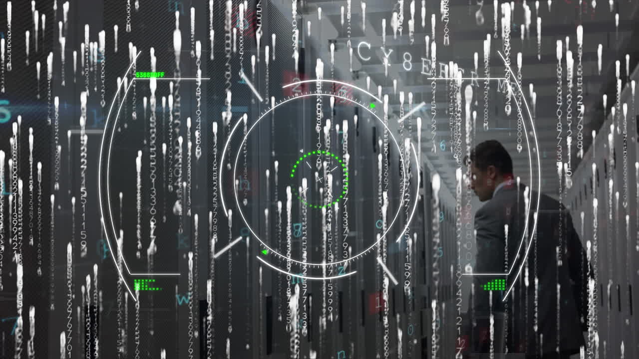 기술자가 컴퓨터 서버를 확인하는 범위와 데이터 처리의 애니메이션