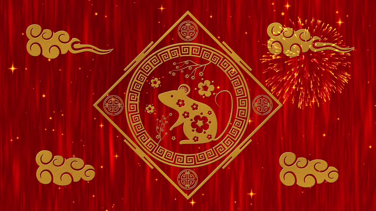 año nuevo lunar, fondo del festival de primavera con rata dorada, fuegos artificiales, estrellas brillantes y nubes. animación del año nuevo chino para el evento de vacaciones. renderización 3d de bucle sin costuras 4k video