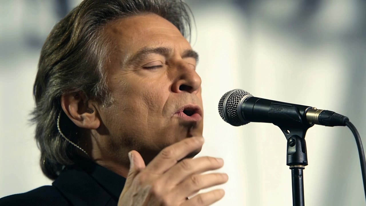 Song cue starting, male vocalist wearing dark jacket singing into mic in studio