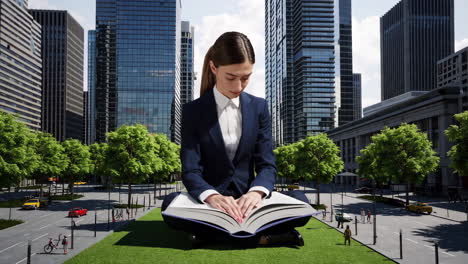 giant businesswoman in city park reading or standing amidst tiny people