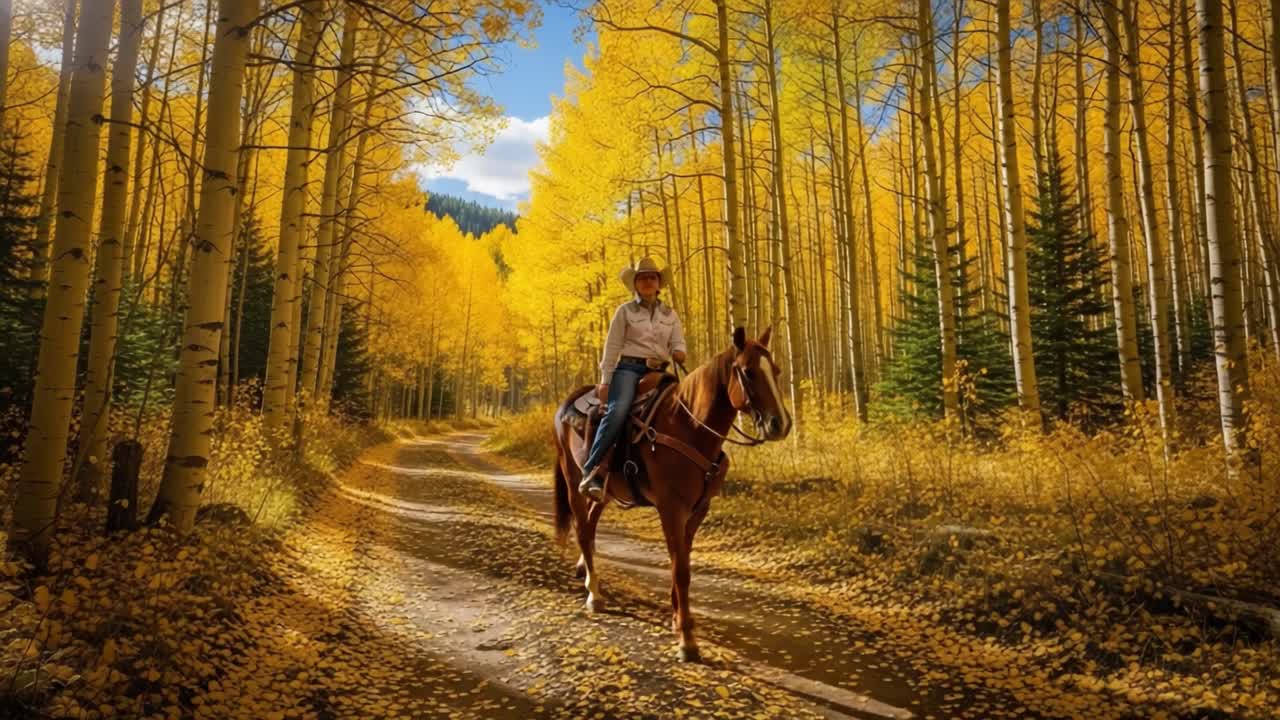 A Serene Horseback Journey Through Autumn's Golden Forests, Capturing the Tranquility of Nature and the Beauty of Fall Foliage Along a Peaceful Trail
