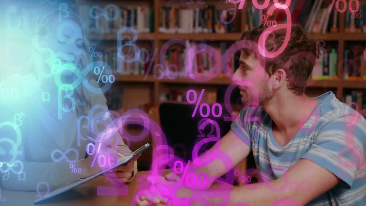Animation of mathematical symbols over caucasian female teacher teaching male student at library