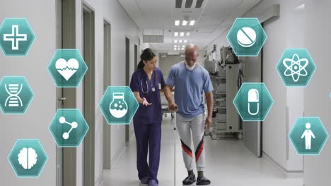 Animation-of-medical-icons-over-diverse-female-doctor-helping-male-patient-walk-with-crutch