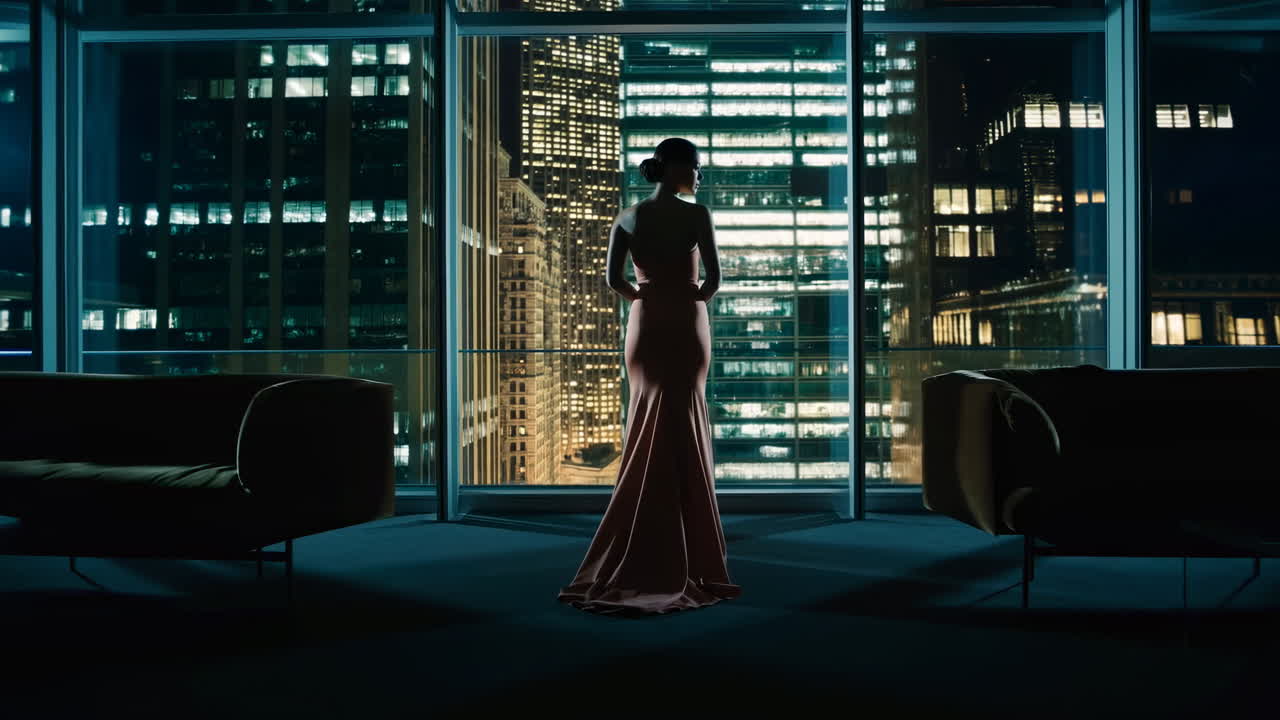 Donna in silhouette in abito da sera accanto a una finestra che si affaccia sullo skyline della città di notte. Vetrate a tutta altezza, neon
