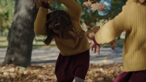 caucasian twins playing together with autumn leaves.