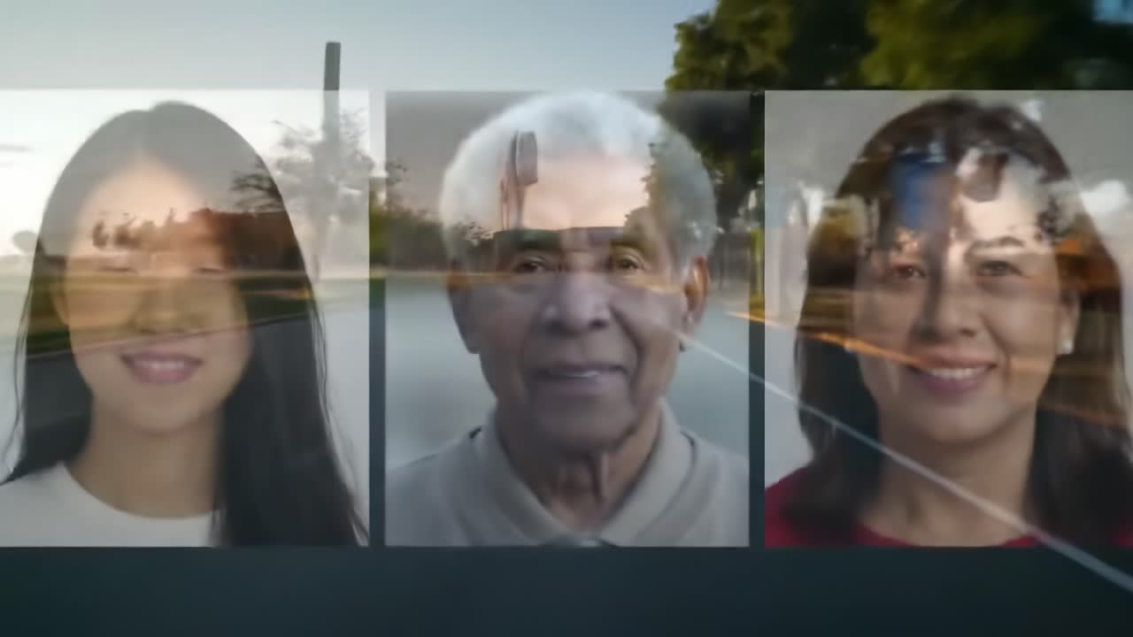 A group of three individuals represents various ages and ethnic backgrounds. The setting is a lively urban street in soft focus, highlighting diversity in the community.