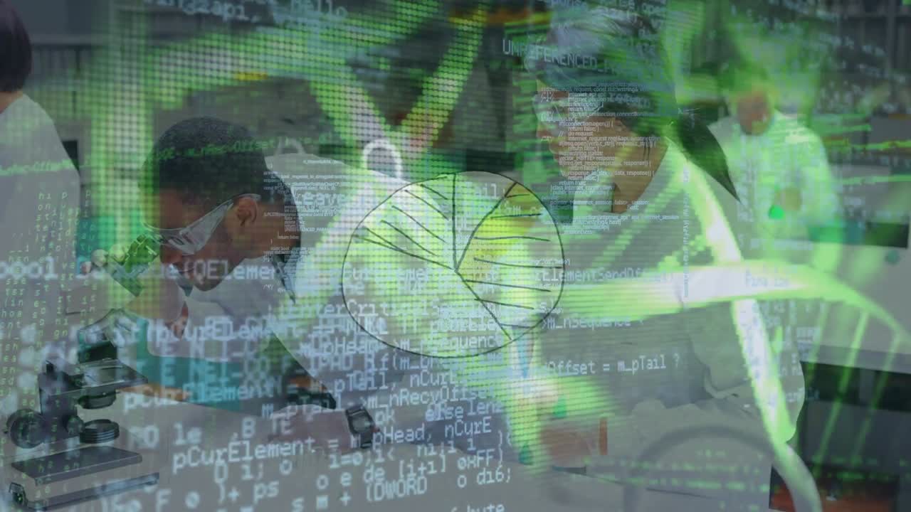 실험실에서 다양한 과학자들에 대한 dna 가닥의 애니메이션과 데이터 처리