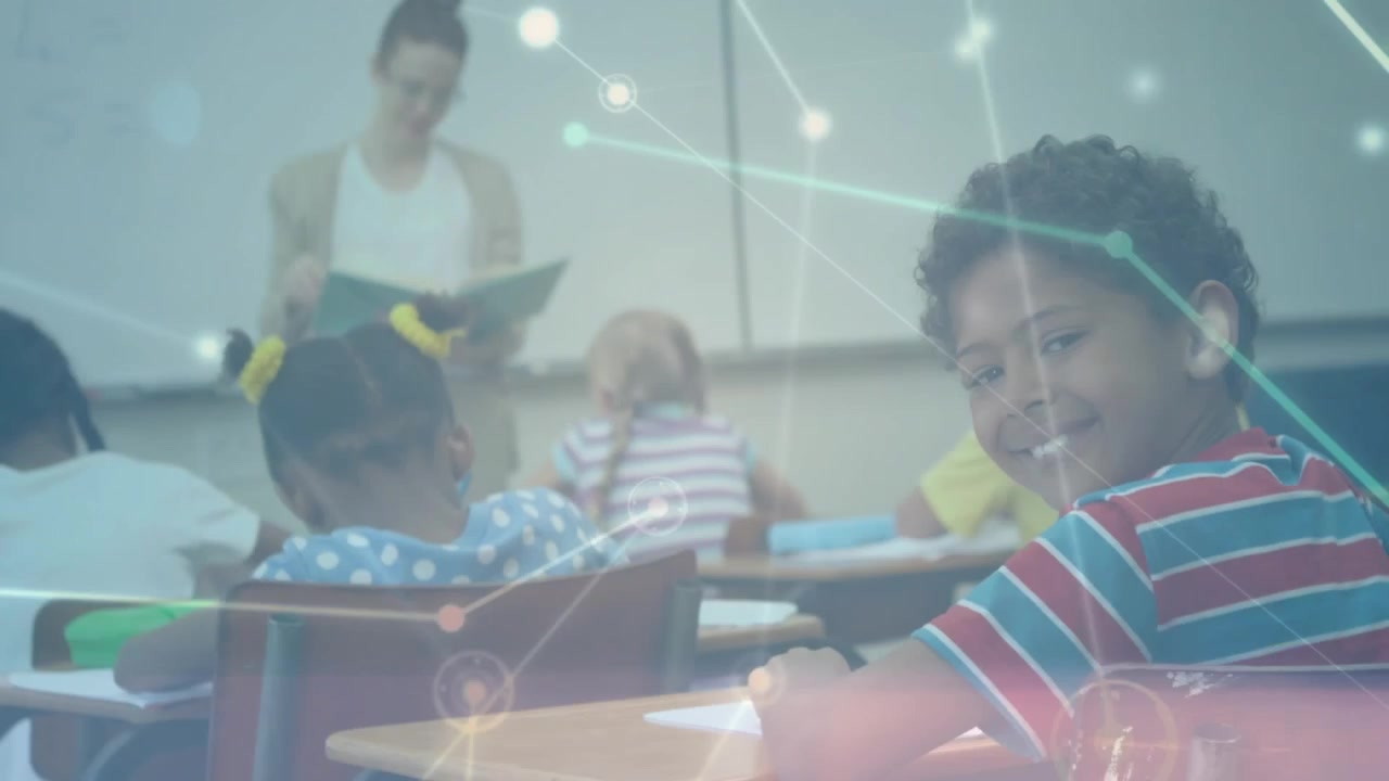 Animação de rede de conexões sobre crianças em idade escolar e professor diversos