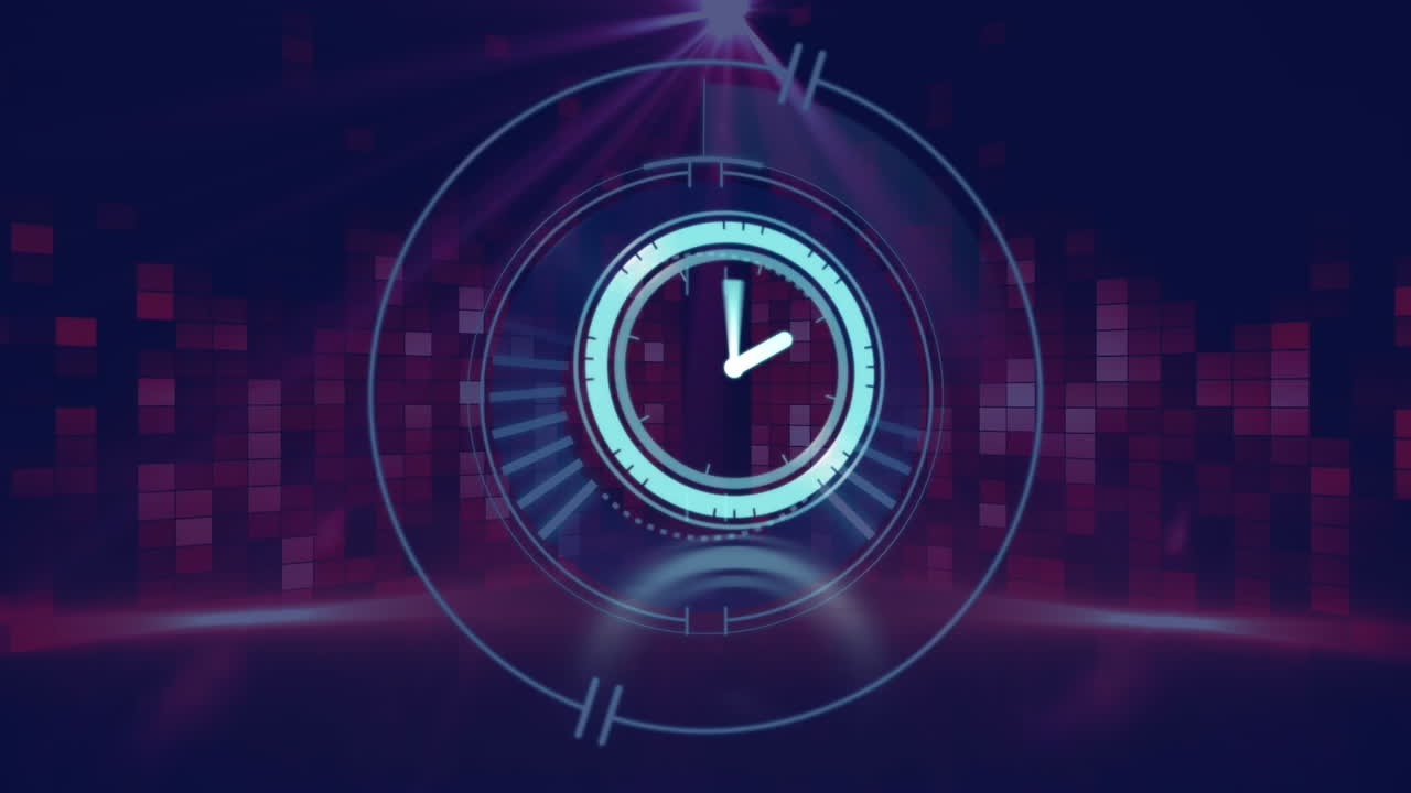 animación de reloj moviéndose rápidamente sobre el alcance y cuadrados rosados brillantes