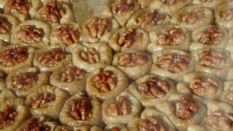 close-up view of delicious baklava with walnuts