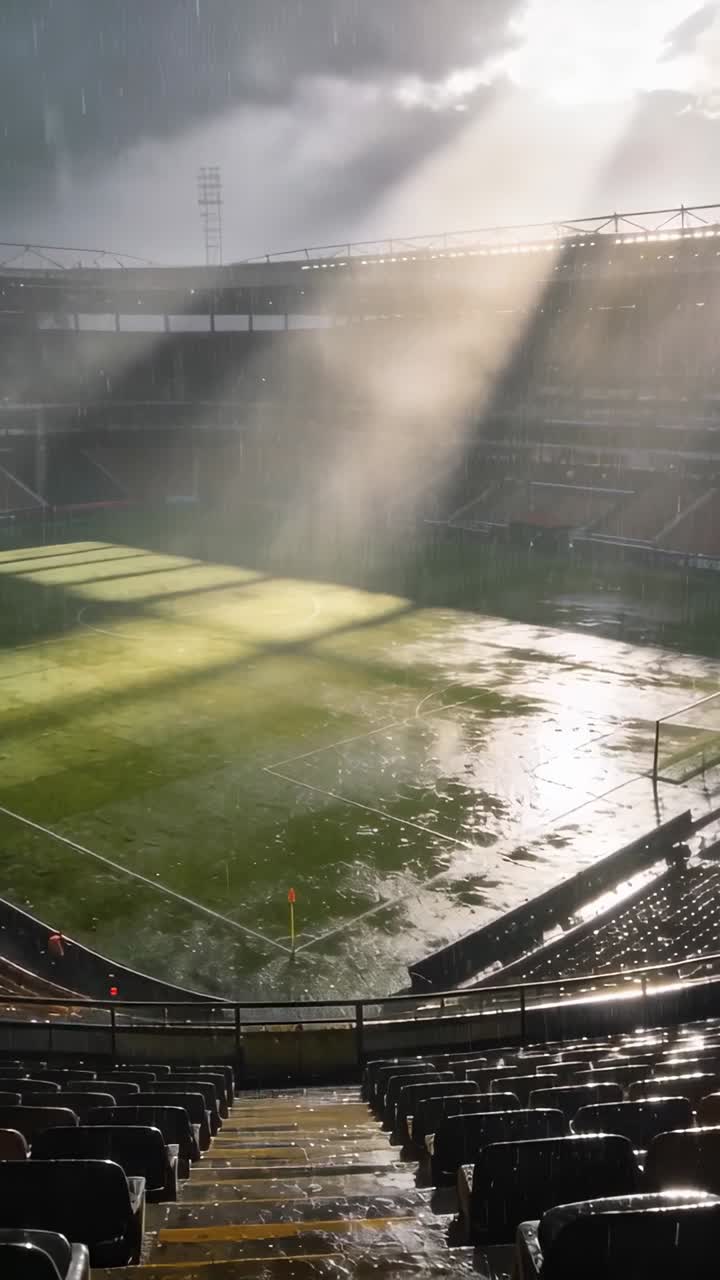 Video verticale: Mostrando un campo da gioco bagnato che riflette i raggi solari durante una forte pioggia allo stadio, con una porta.