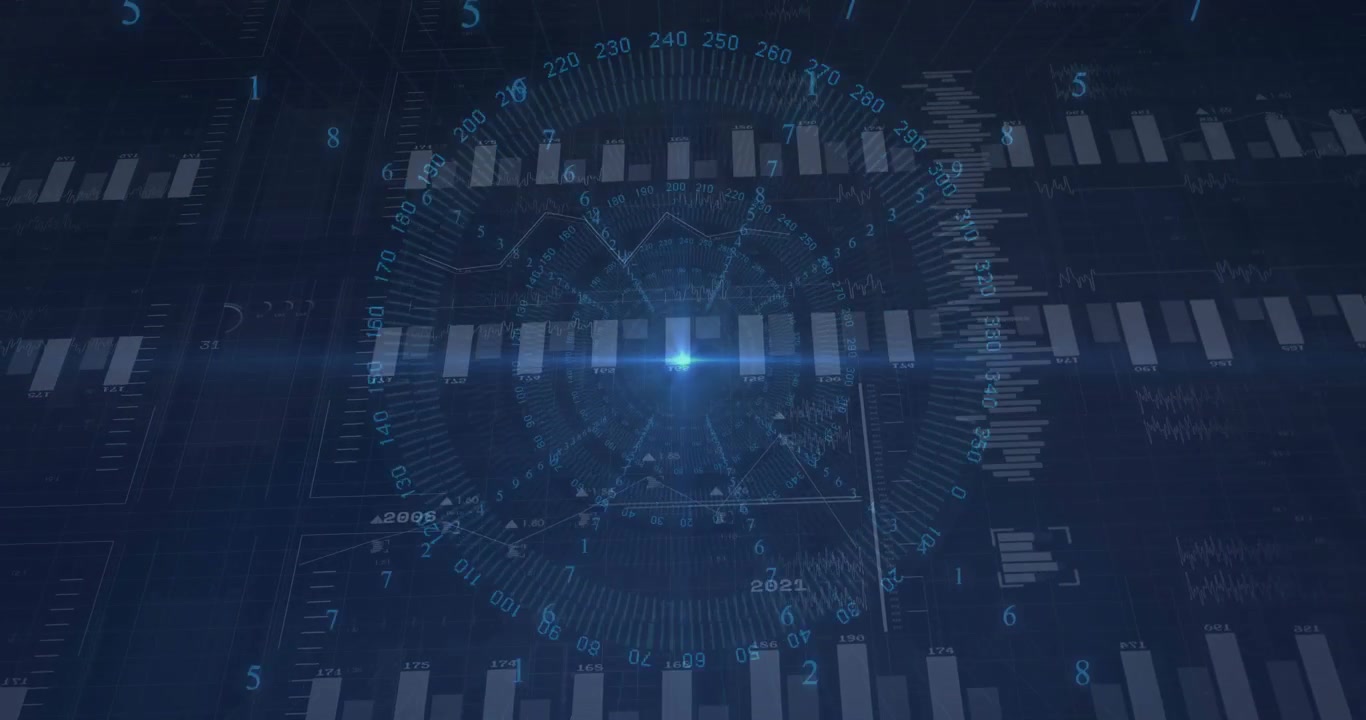 Central light pulsing starting dial rotating, bars growing and line graph forming for data view