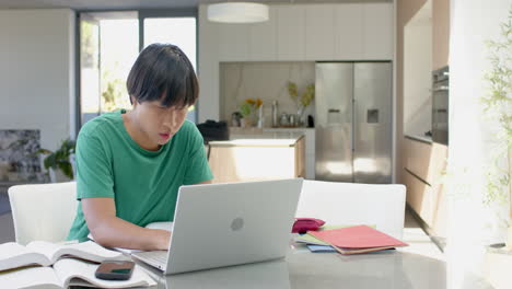 teenage asian boy studying on a laptop at a home kitchen table with copy space