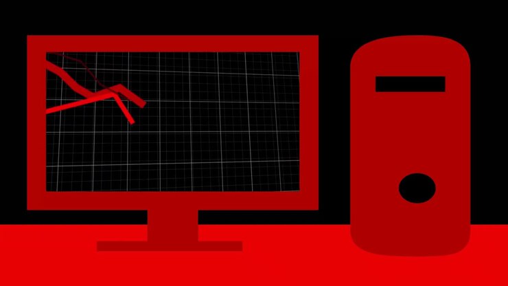 Animation of red lines recording over computer screen with red cpu on black background