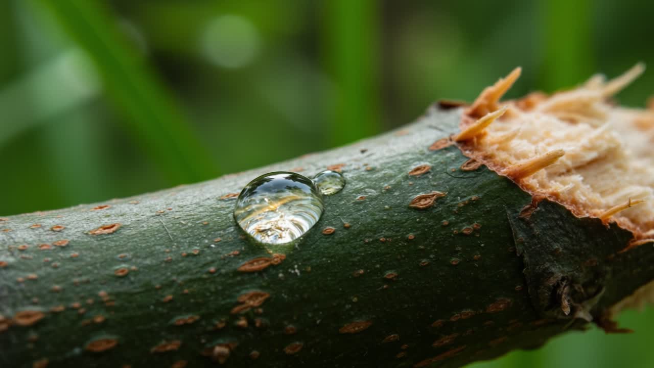 A Close-Up View of a Water Droplet on a Tree Branch, Highlighting the Intricate Details of Nature's Beauty with Vivid Green Background