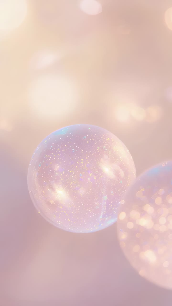 Video verticale: cambio di luce che causa un luccichio sferico brillante in mezzo a un bokeh pastello, bolla sfocata a destra