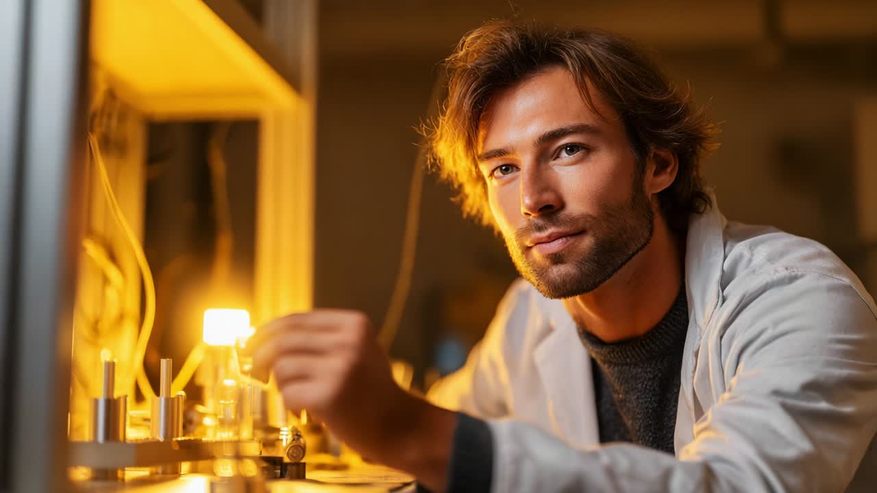 A Thoughtful Scientist in a Laboratory Setting Engaged in Research, Working Diligently with Laboratory Equipment While Illuminated by Warm Ambient Lighting, Capturing the Essence of Scientific Inquiry and Curiosity