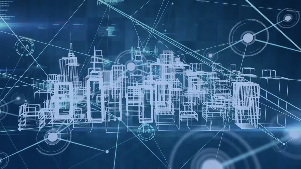 animación de puntos conectados, iconos gráficos y modelo 3d de la ciudad contra un fondo abstracto