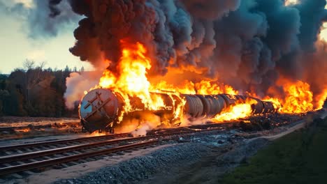 a train on fire on a train track with smoke coming out of it