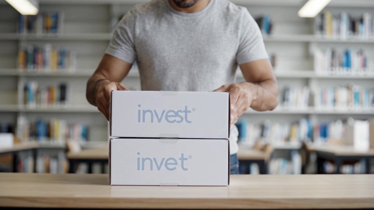 Geconcentreerd persoon die beleggingspakketten beheert in een bibliotheekachtige omgeving, met interesse in financiële groei en organisatorische vaardigheden, met een opgeruimde werkplek.