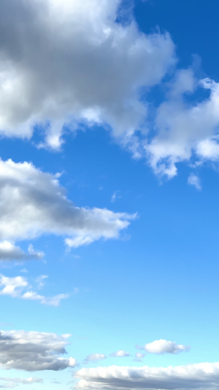 Slow motion of the beautiful white clouds in the blue sky. Low angle view at the clouds on summer daytime. Vertical video.