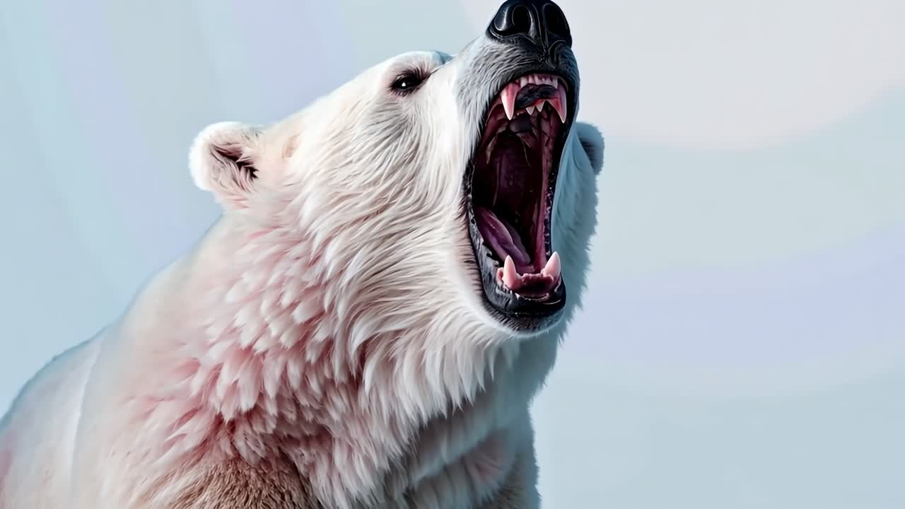 Close-up video angle of a roaring polar bear against a white background, highlighting its sharp