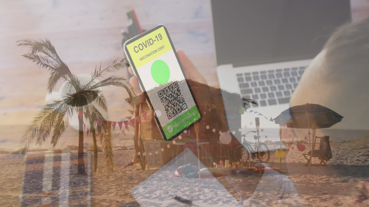 composición digital de una mujer sosteniendo un teléfono inteligente con código qr en la pantalla contra la vista de la playa