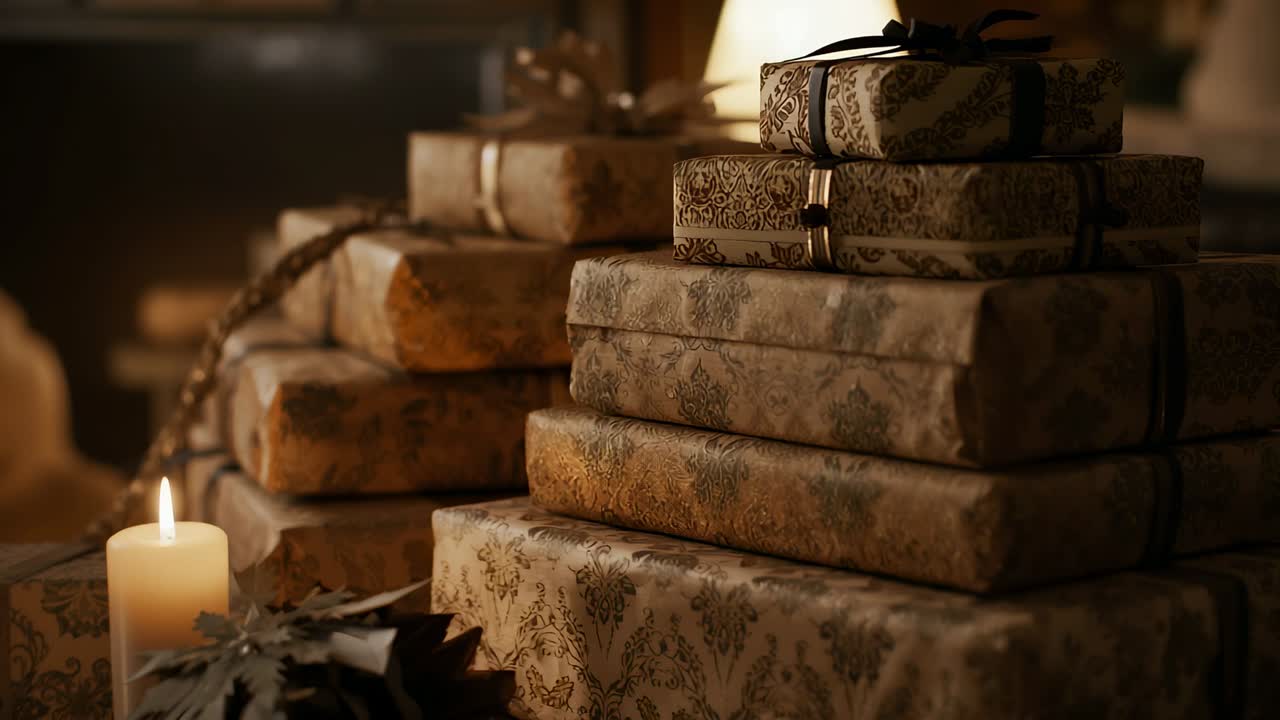 Camera starting recording, shifting focus among gift boxes and flickering candle in living room