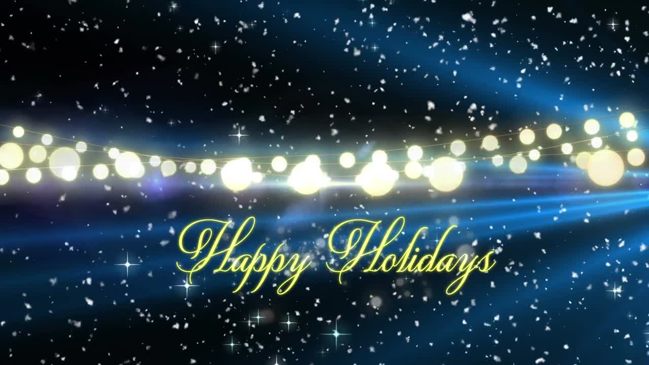 눈이 내리고 밝은 반점 위에 행복한 휴일 텍스트의 애니메이션