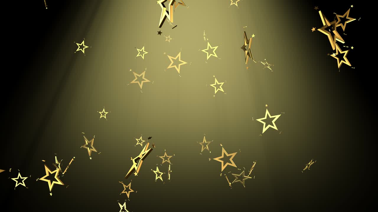 황금의 크리스마스 별들이 광선을 통해 떨어지고 있습니다.