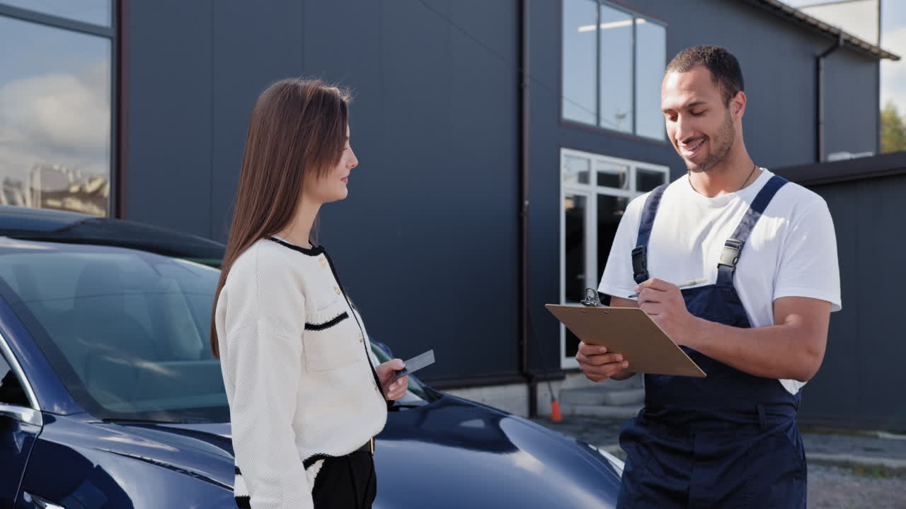 una mujer discutiendo la reparación de un coche con un mecánico.