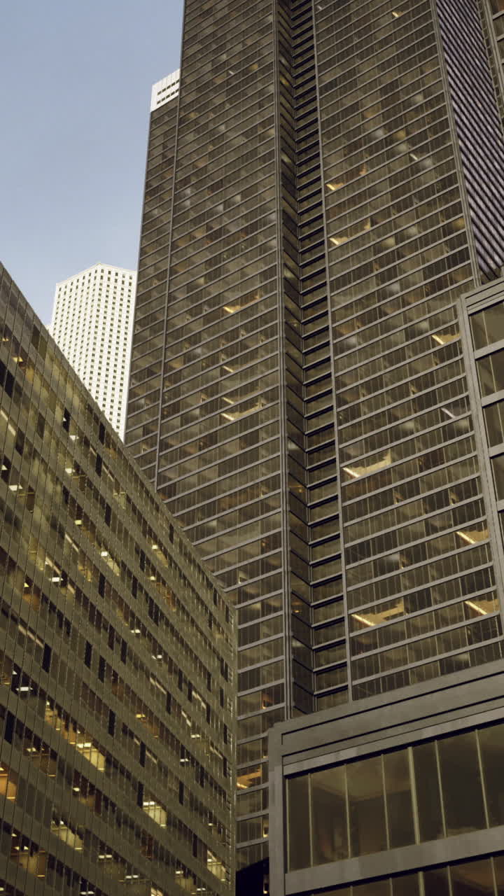City skyline at dusk showcasing modern architecture and towering buildings