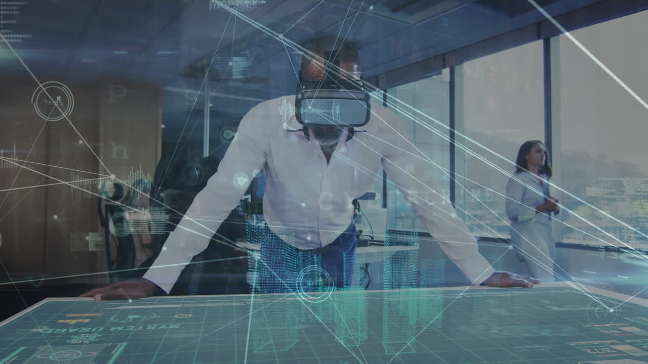 Animation of network of connections against african american businessman wearing vr headset