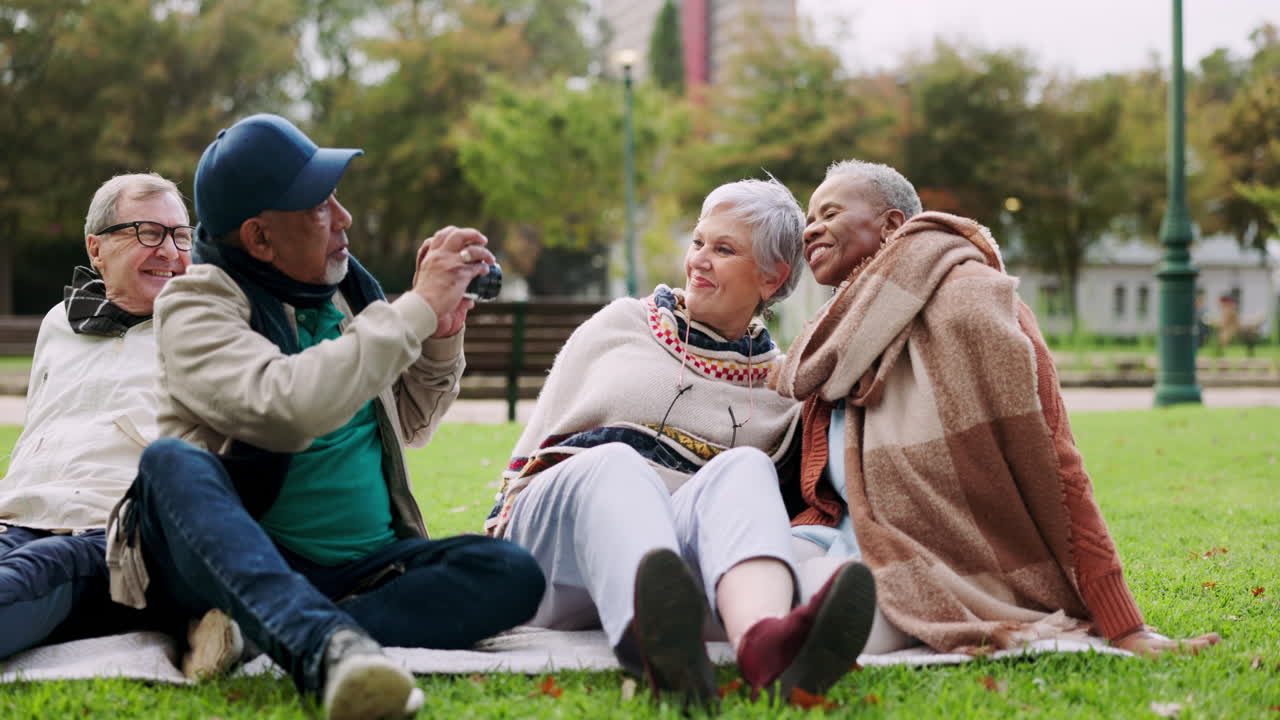 Picnic, park and senior people take picture