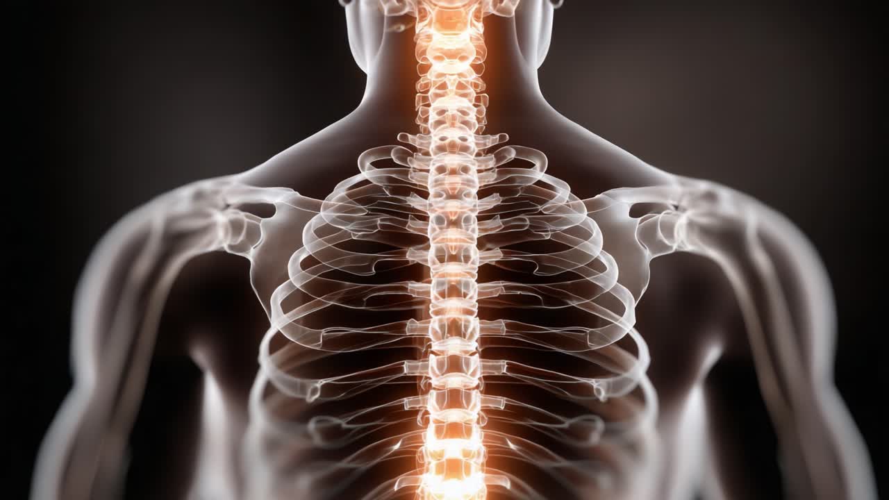 Detailed Anatomical View of the Human Spine and Rib Cage Highlighting the Lumbar Region with Radiant Visualization for Educational Purposes