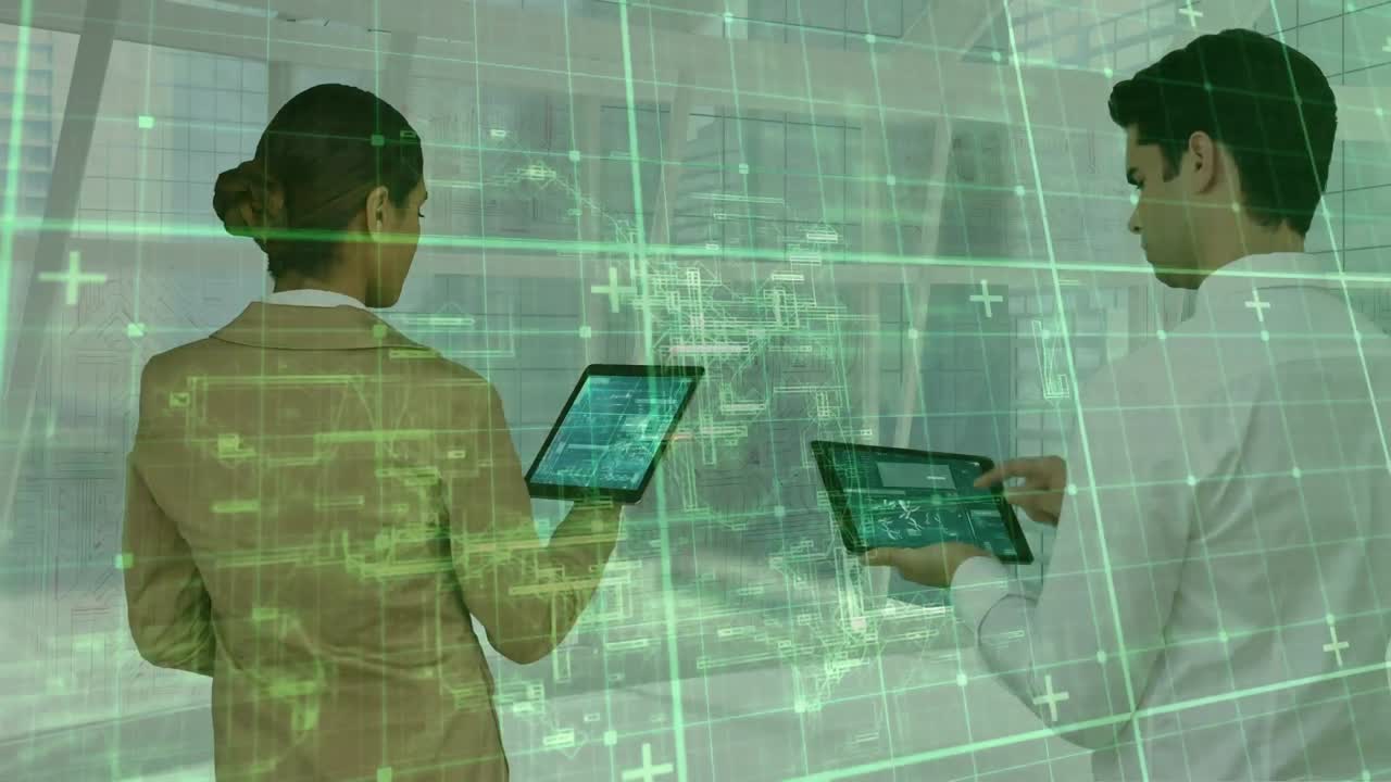 animación del procesamiento de datos sobre hombres y mujeres de negocios que usan tabletas